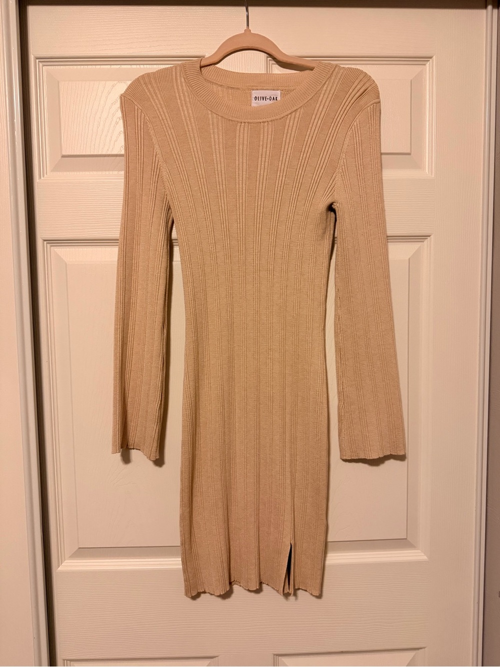 Olive & Oak Ribbed Knit Long Sleeve Dress in Beige Tan